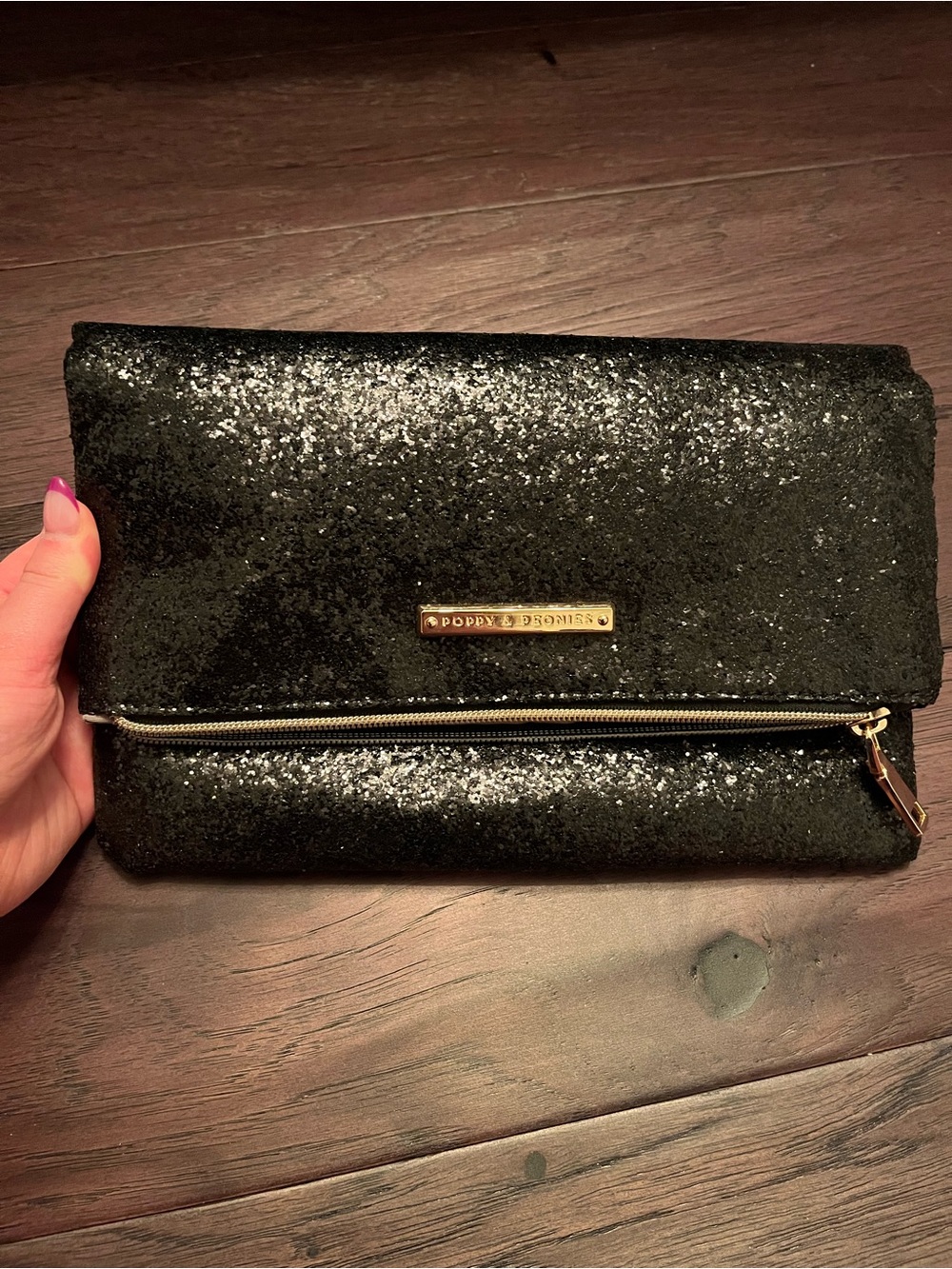 Poppy & Peonies Black Glitter Fold-Over Clutch with Gold Plate